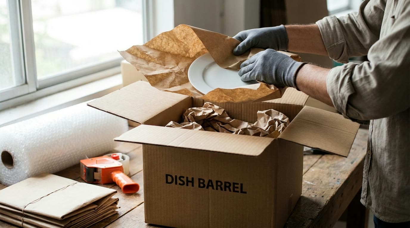 Packer's hands wrapping a ceramic plate in packing paper over a dish barrel