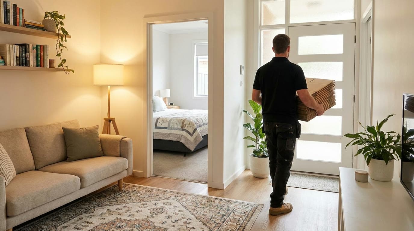 Freshly settled living room while a mover carries out flattened boxes